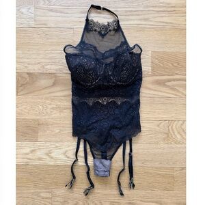 VS Lace Halter Snap-Crotch Teddy with Garters 32C